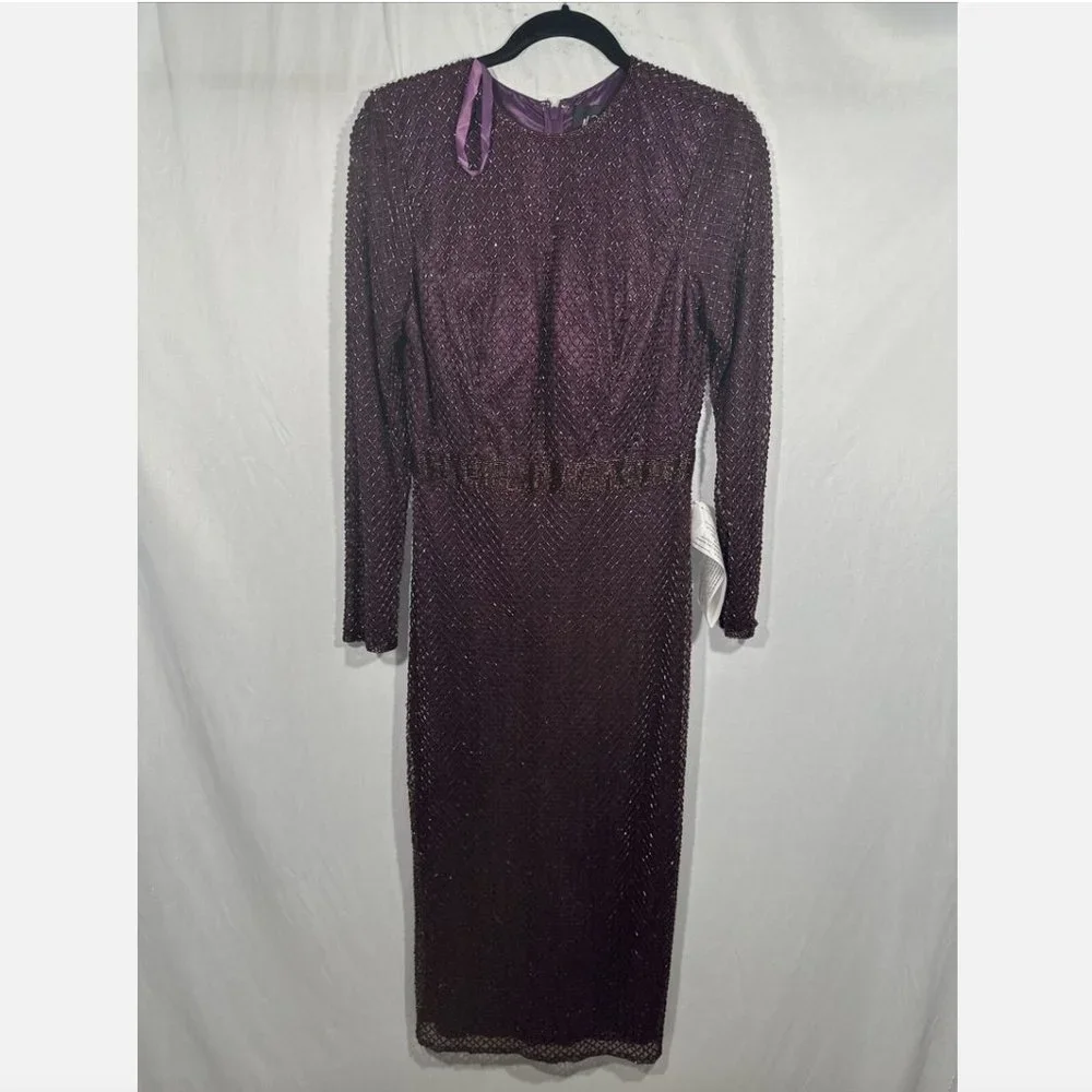 NEW $398 Mac Duggal [ 10‎ ] Bugle Beaded Long Sleeve Midi Dress Abergine #Q487 - Picture 7 of 15